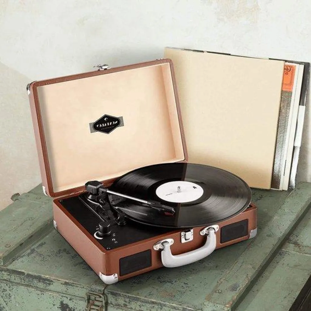 Platine vinyle marron tout-en-un avec haut-parleurs et numériseur USB