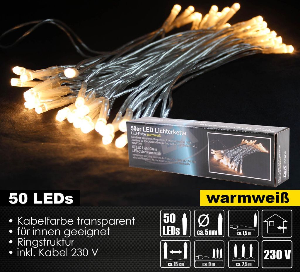 A close-up of a string of warm white LED lights with a product box and descriptive text in the foreground.