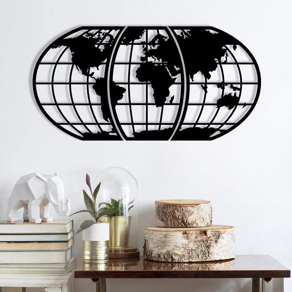 Wallity, World Map 11, Wanddeko, Schwarz, Metall, 116 x 58 cm
