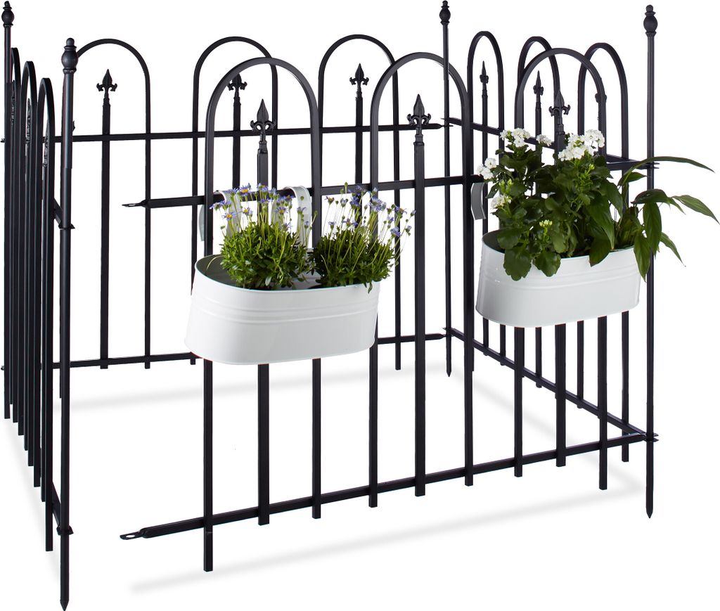 Relaxdays Gartenzaun Metall GOTH Komplettset 4,8 m, Metallzaun aus Eisen, 4 Zaunelemente 90 x 120 cm, anthrazit, schwarz