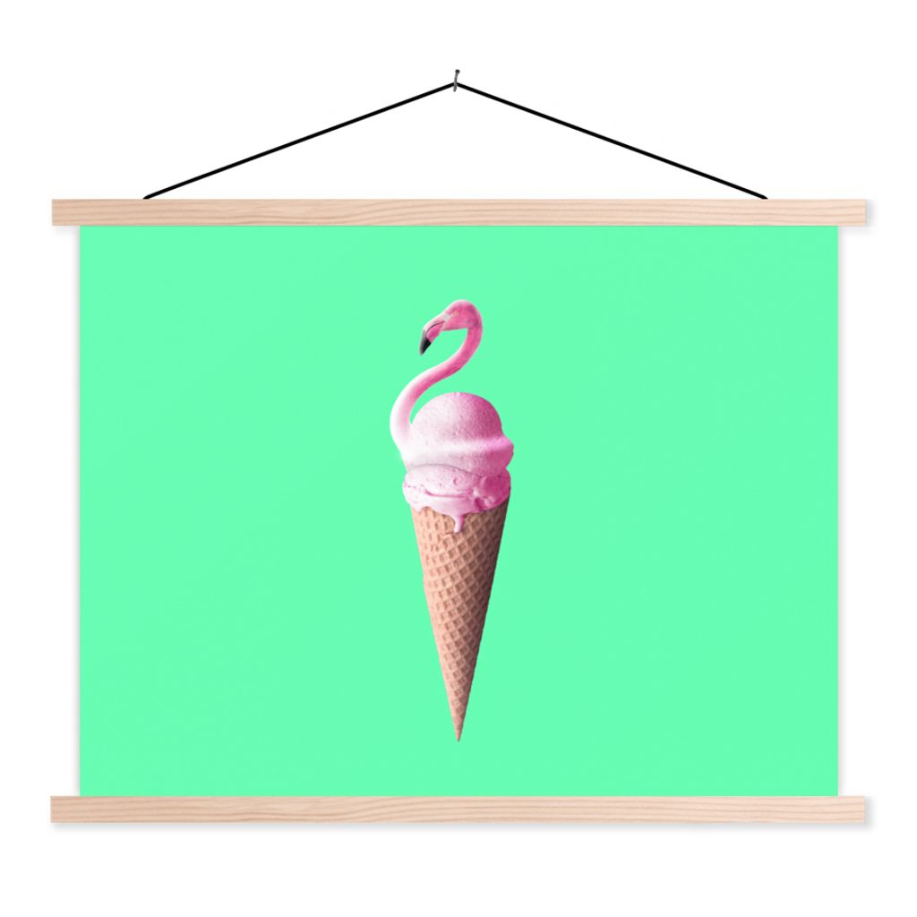 MuchoWow Textilposter Eistüten - Eiscreme - Flamingo - Rosa - Grün 40x30 cm mit holzfarbenen Rahmen - Bilder