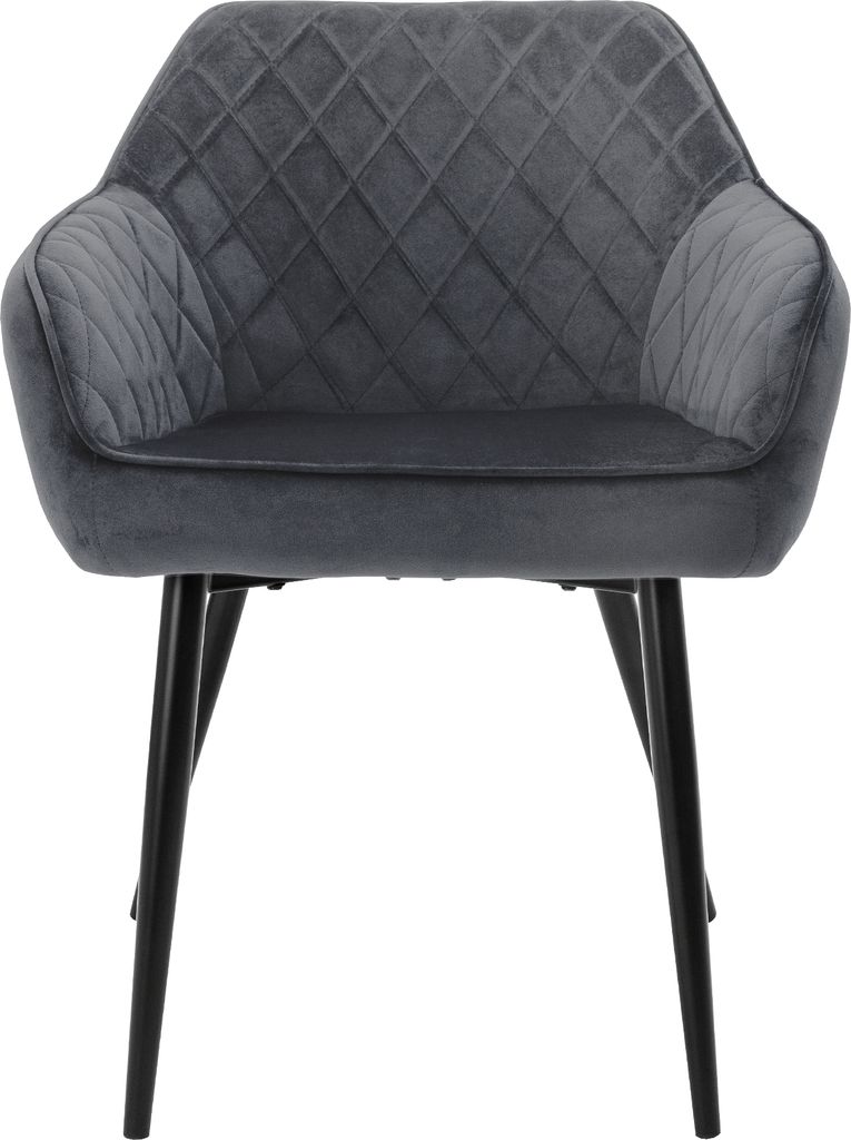 A single gray armchair with black legs against a white background.