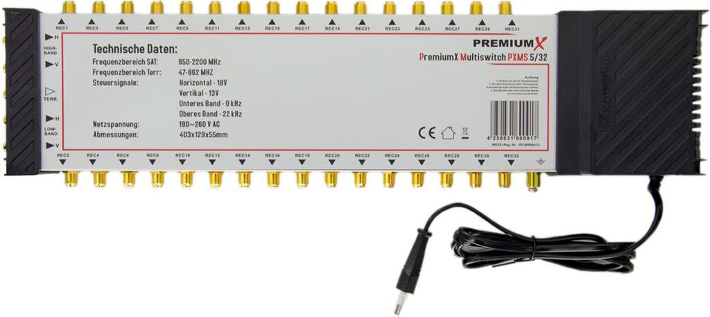 PremiumX PXMS 5/32 Multischalter mit Netzteil Multiswitch 1 SAT für 32 Teilnehmer