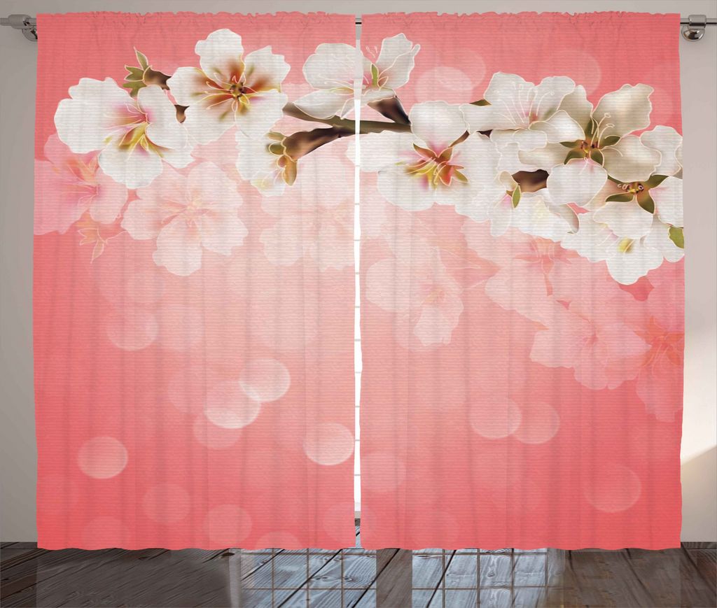 ABAKUHAUS Koralle Rustikaler Vorhang, Blühender Sakura-Zweig, Wohnzimmer Universalband Gardinen mit Schlaufen und Haken, 280 x 175 cm, Coral Grün...