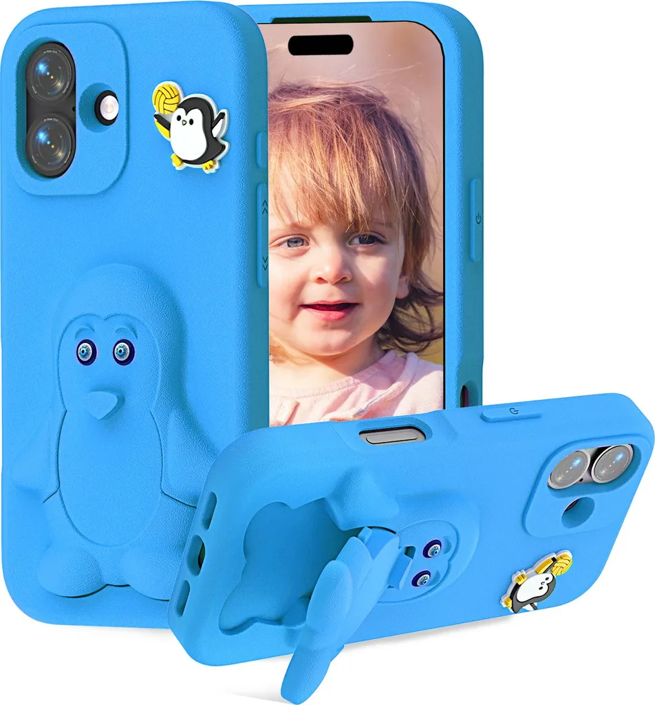 Offerta Custodia iPhone 16 EVA Blu - Protezione Bimbi e Stand Pinguino