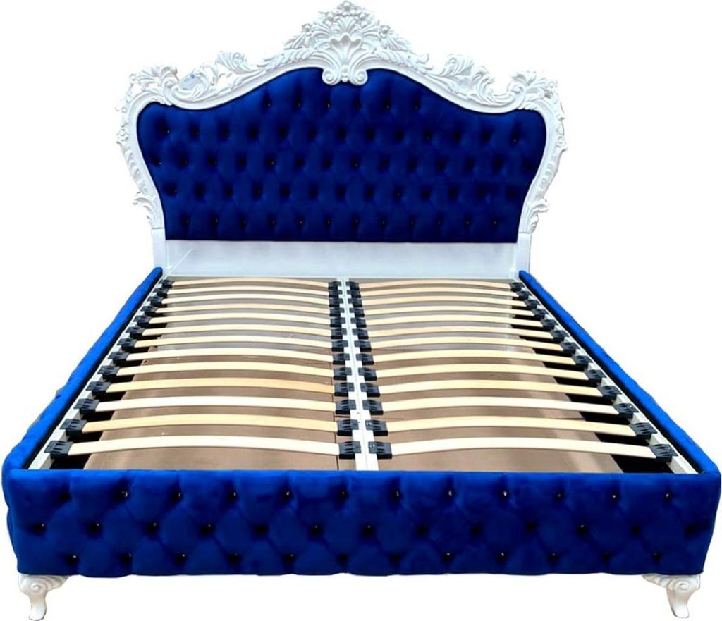 Casa Padrino Luxus Barock Doppelbett Royalblau / Weiß - Prunkvolles Massivholz Bett mit Glitzersteinen - Barock Schlafzimmer Möbel - SPECIAL!!!