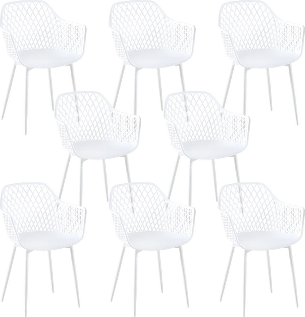 A set of eight white chairs arranged in a grid on a white background.