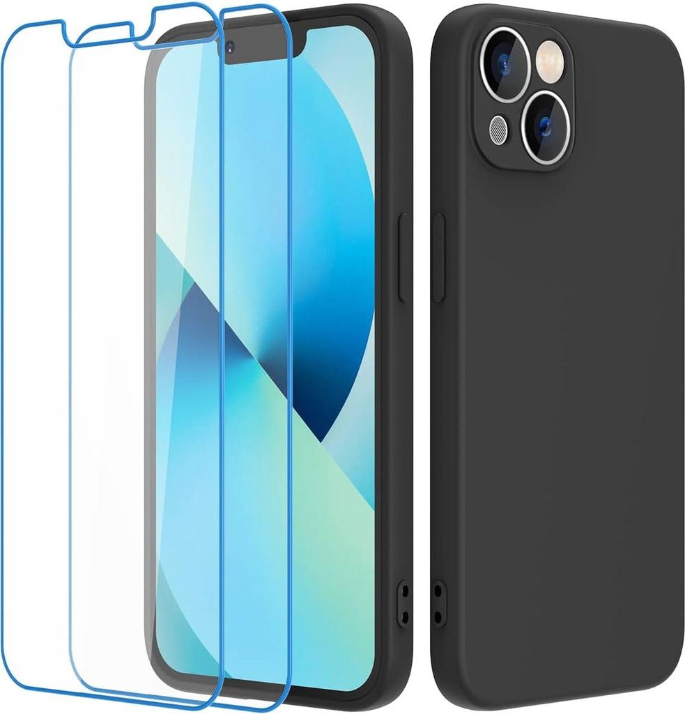 Apple Iphone 13 Silikonhülle Schwarz + 2X Gehärtetes Glas