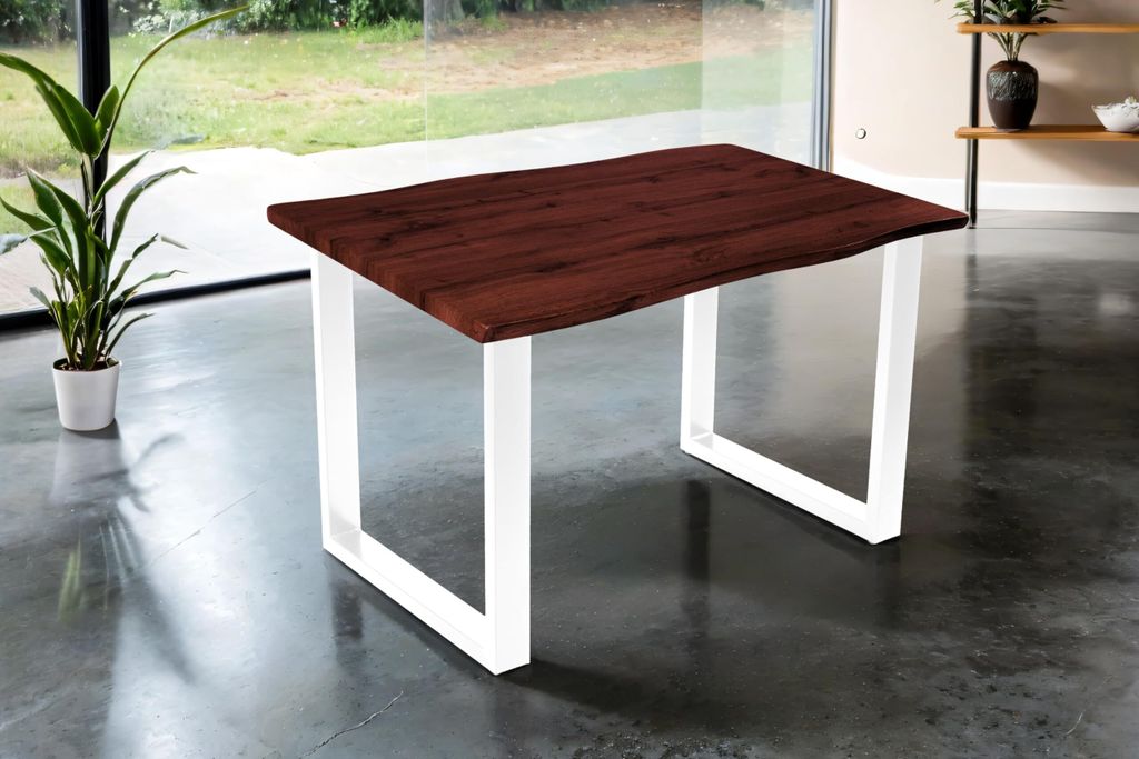 Esstisch Josy | 120 x 80 cm | Holz Nussbaum-Optik | U-Gestell Metall weiß | 40 mm Tischplatte mit Baumkante | Tisch für Esszimmer & Küche