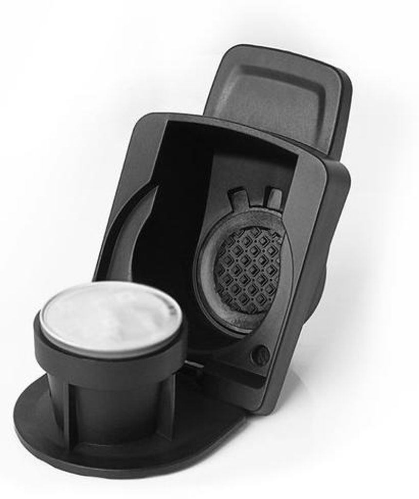 Universal-Kaffee-Kapsel-Adapter mit abnehmbarem Deckel, für Genio-S/Mini-Me/Genio-2 und Nespresso-Kompatibilität.