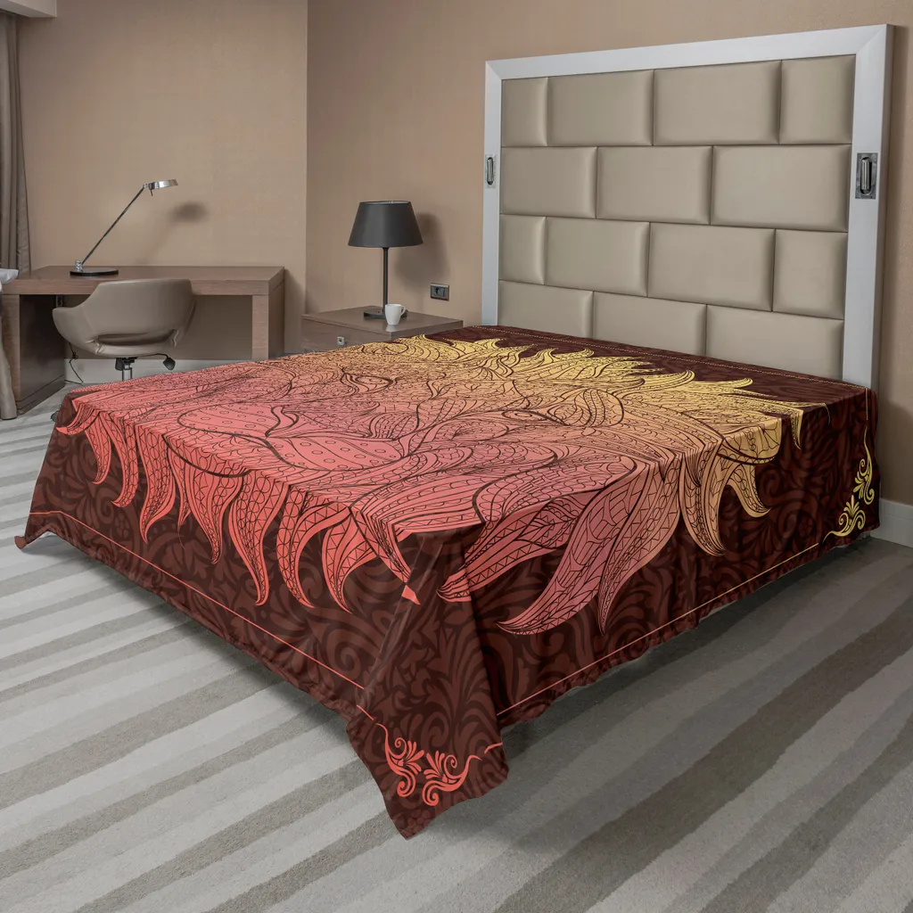 ABAKUHAUS Lenzuolo Safari, motivo elaborato con testa di leone digitale, totem asiatico zoo selvaggio Boemia, lenzuolo morbido e confortevole per un letto decorativo 1 pezzo 275 cm x 260 cm, giallo