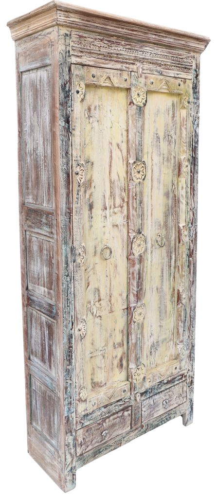 Schrank, Kleiderschrank, Massivholz, Vintage Look - Modell A6, Antik-weiß, 212*100*42 cm, Schränke & Kleiderschränke