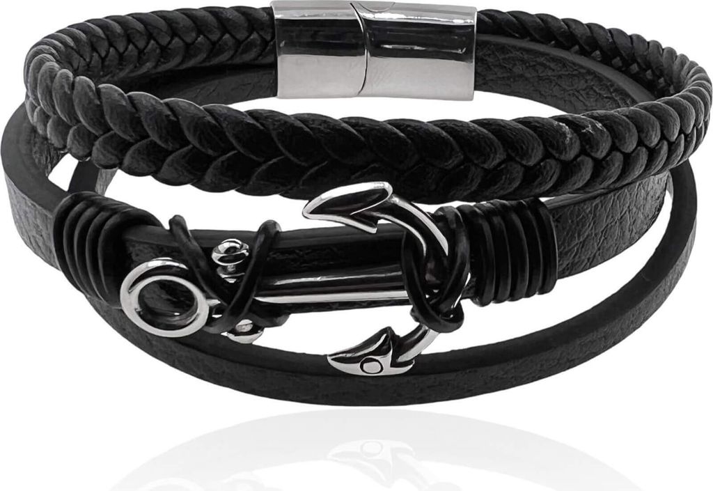 MARTIN1985 Hochwertiges Echtleder Anker Armband Uni Damen Herren mit magnetischem Edelstahlverschluss Geschenkverpackung Länge - 18,5 cm