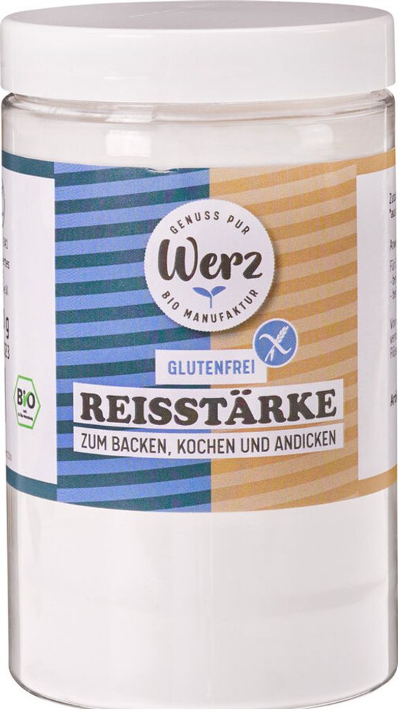 A product shot of a container of rice starch.