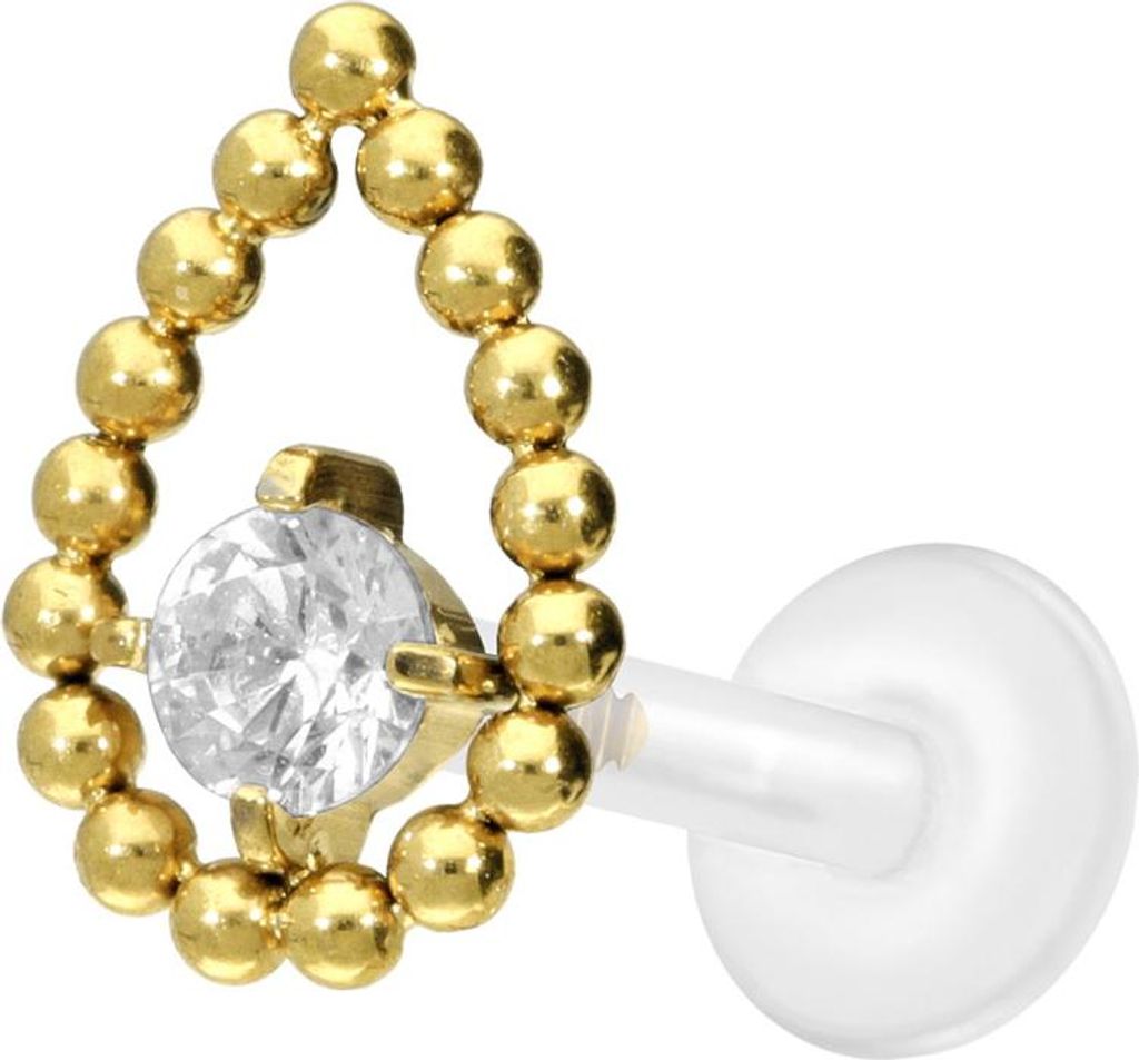 Ohrpiercing, Nasenpiercing PTFE Labret mit Innengewinde + Titan-Aufsatz TROPFEN + KRISTALL Gold Stablänge: 10mm | Stabstärke: 1,2mm