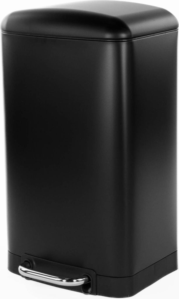 A black metal trash can with a foot pedal.