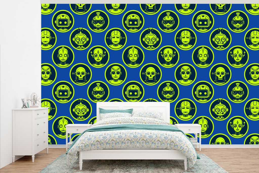 MuchoWow Fototapete für Wohnzimmer oder Schlafzimmer Wandtapete Vinyl Motivtapete Muster - Roboter - Gelb - Blau - Jungen - Kinder - Kleiner Jun...