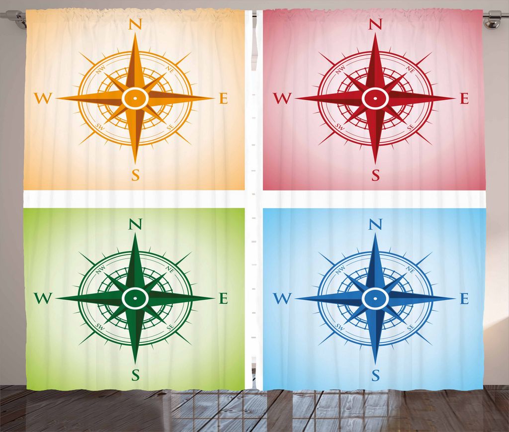 ABAKUHAUS Kompass Rustikaler Vorhang, Bunte Windrosen, Wohnzimmer Universalband Gardinen mit Schlaufen und Haken, 280 x 225 cm, Mehrfarbig