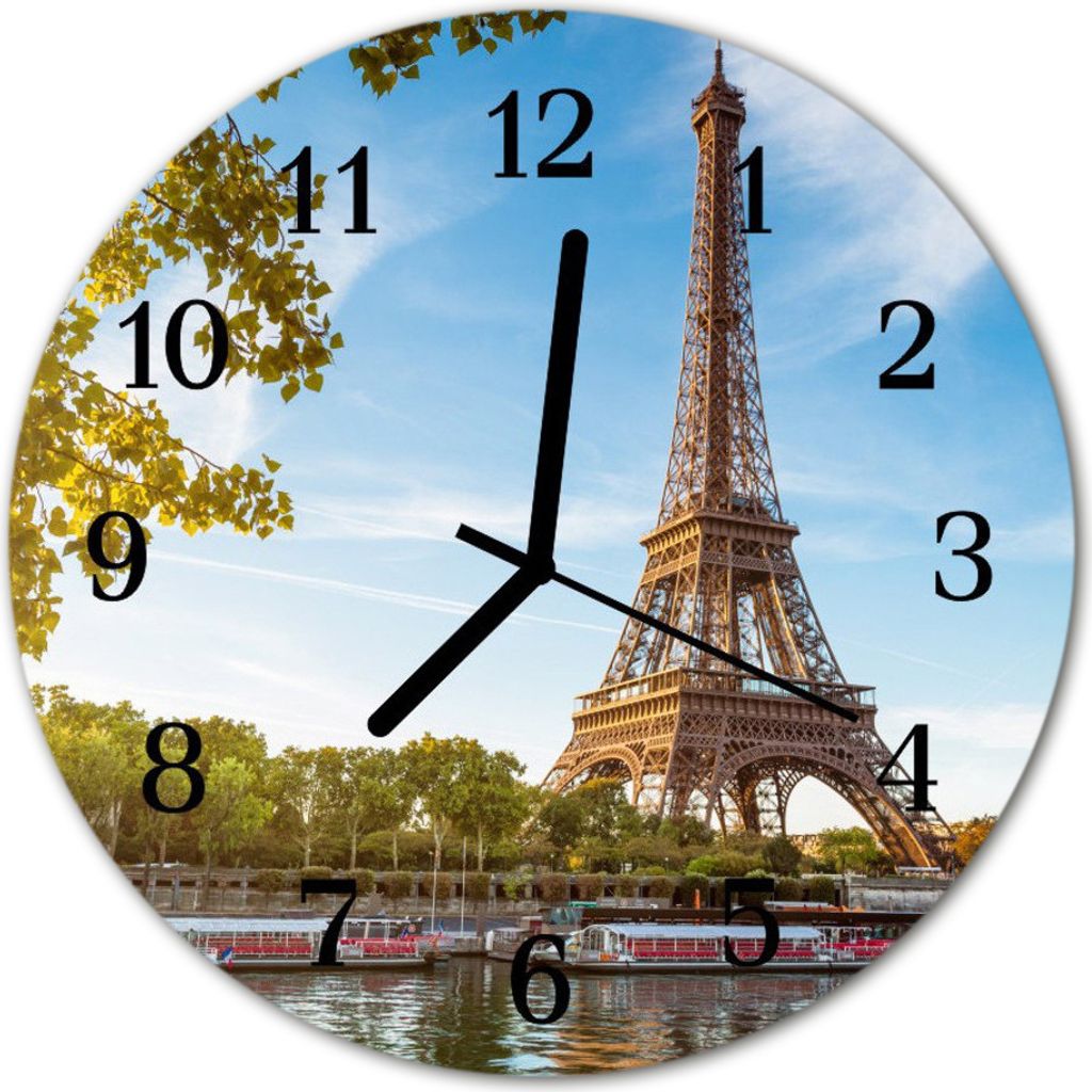 Glasuhr Wanduhr Küchenuhr Echt-Glas 30fi cm Eiffelturm Paris braun blau