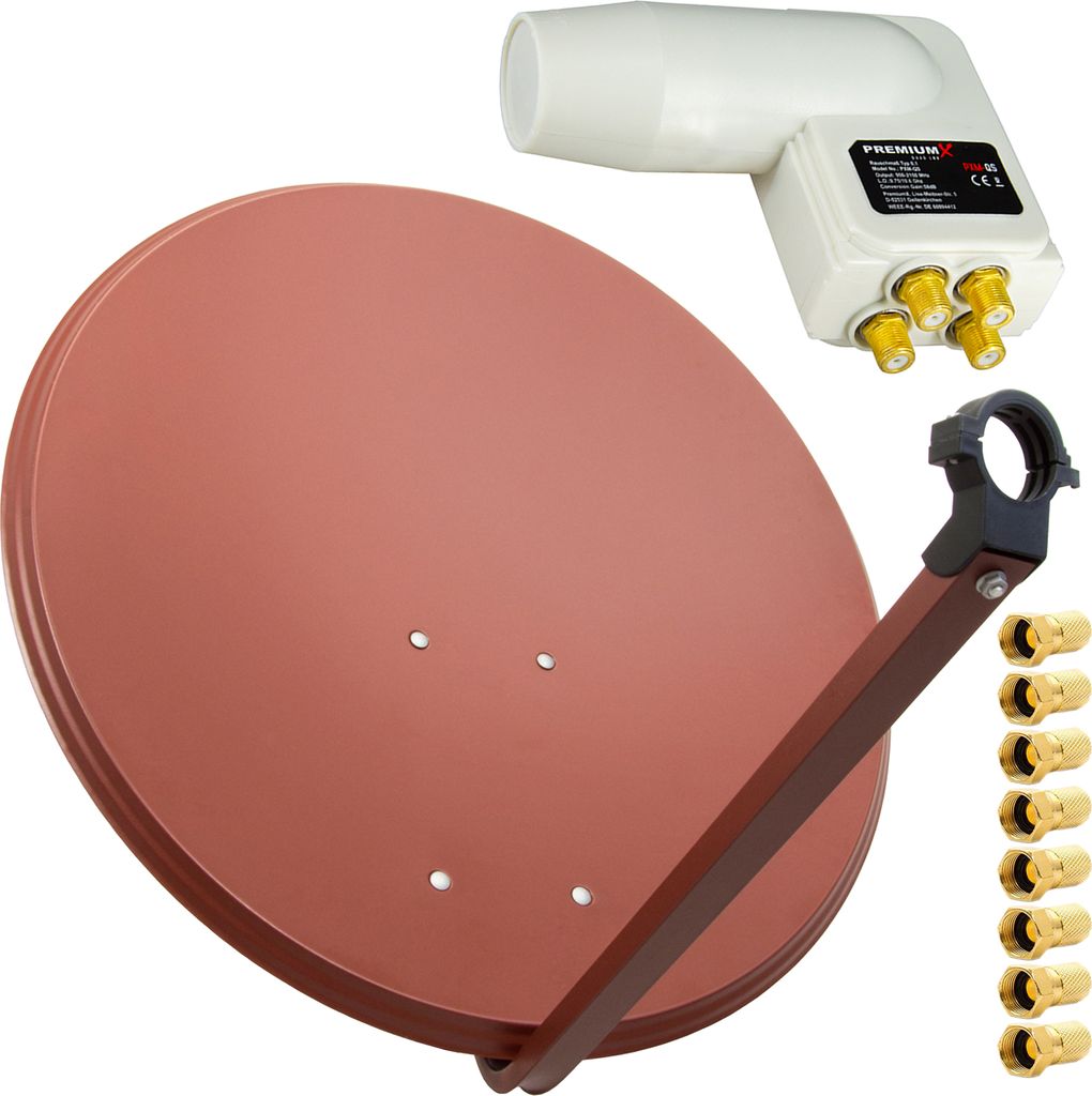PremiumX SAT Anlage 80cm Antenne Ziegelrot Quad LNB weiß 8x F-Stecker