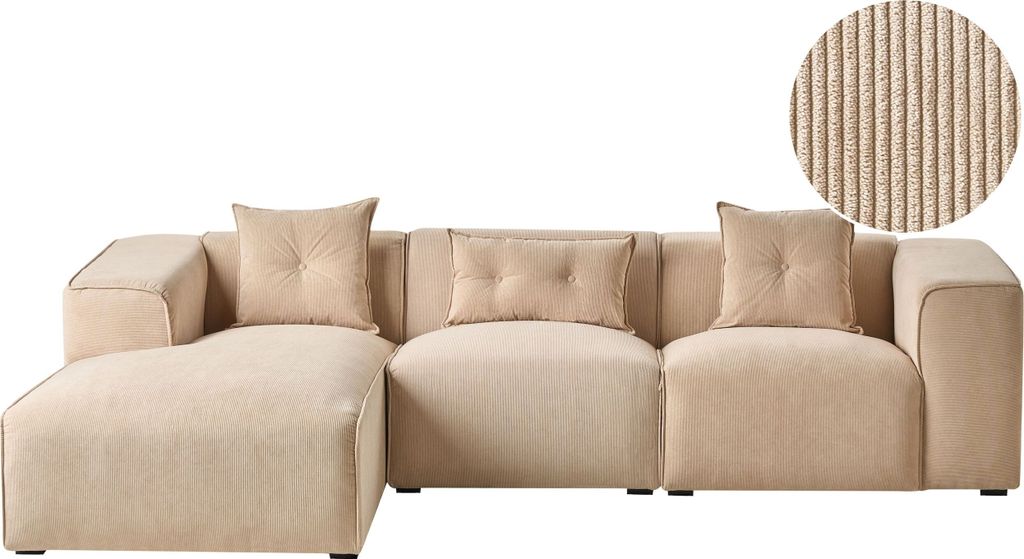 BELIANI Ecksofa Beige Cord L-Förmig Rechtsseitig für 3 Personen Zeitgenössisch Modern Wohnzimmer