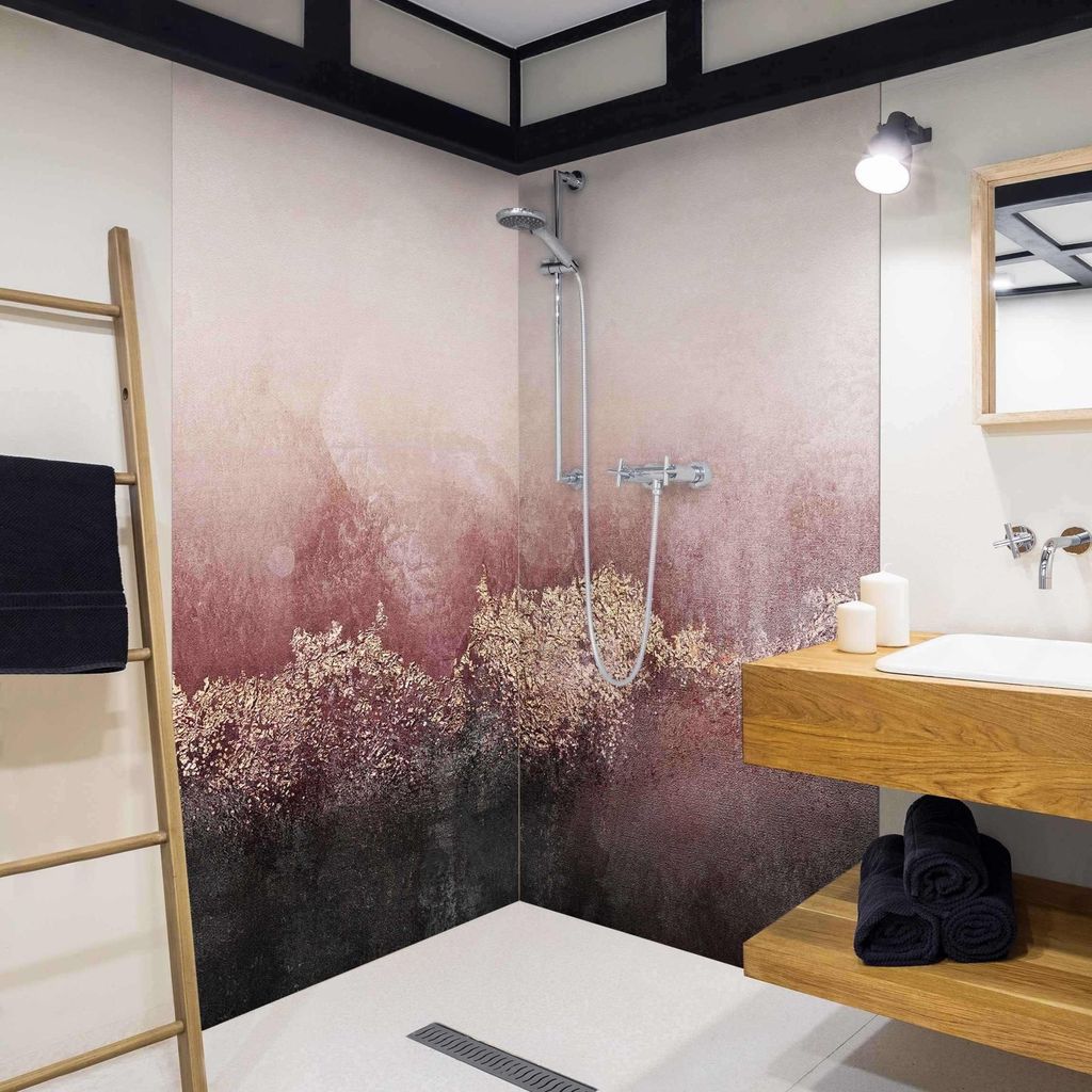 Duschrückwand originell selbstklebend - 0.61 mm Wandpaneel wasserfest Design rosa Aquarell Abstrakt Badrückwand fugenlos Premium matt 110x200 cm