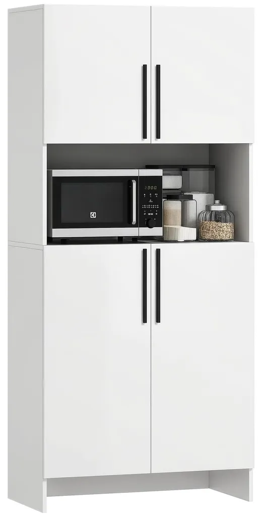 Buffet de cuisine haut blanc avec rangement micro-ondes et placards