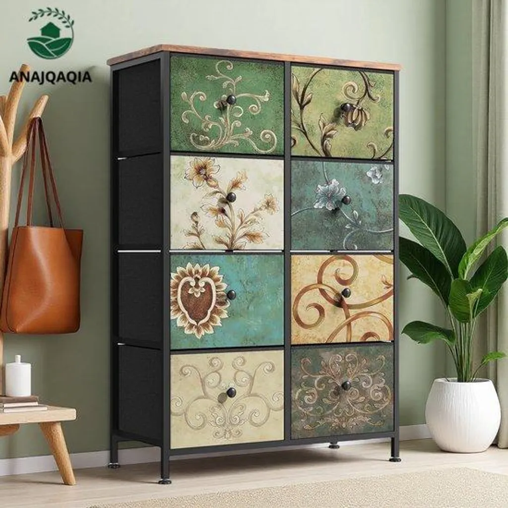 Meuble de rangement 8 tiroirs étagère à arceaux métal et bois de style