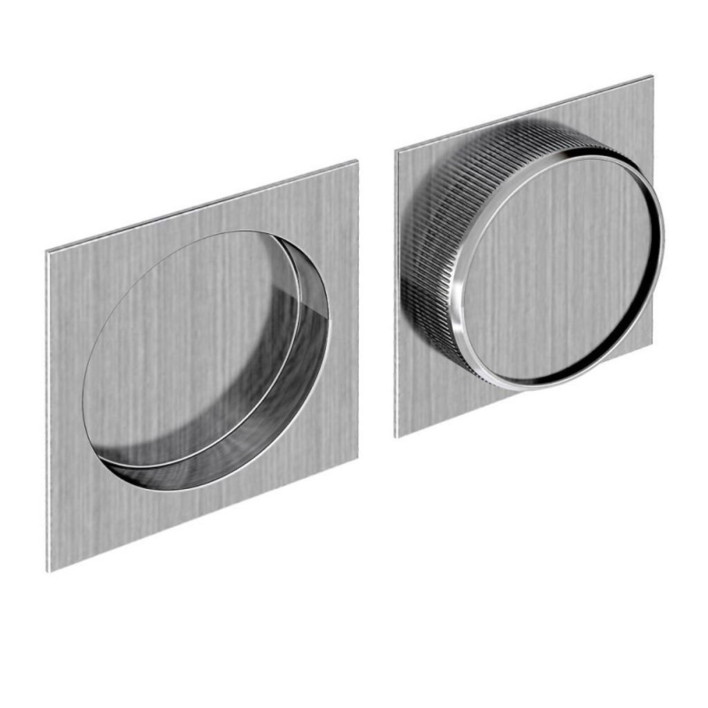 Two brushed nickel door handles, one recessed and one with a textured grip, are shown against a white background.