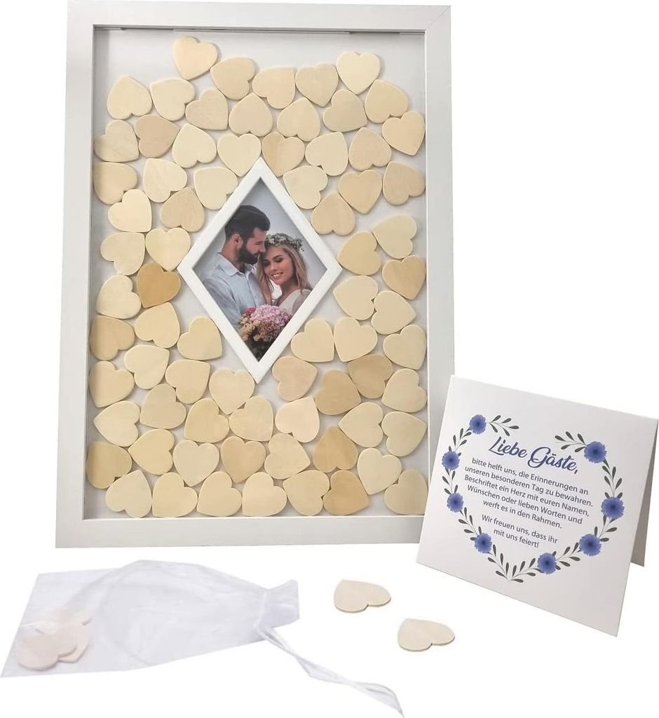 Gästebuch mit Holzrahmen - für Hochzeiten, Taufen und Geburtstage - mit Holzherzen