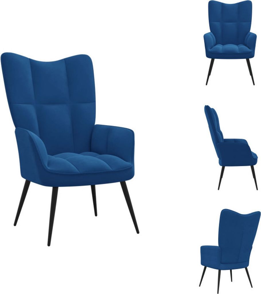 A collage of a blue velvet armchair from different angles.