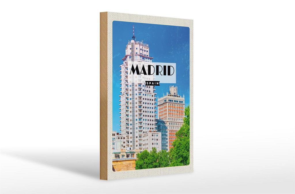 Holzschild Reise 20x30cm Madrid Spanien Hochhaus Architektur