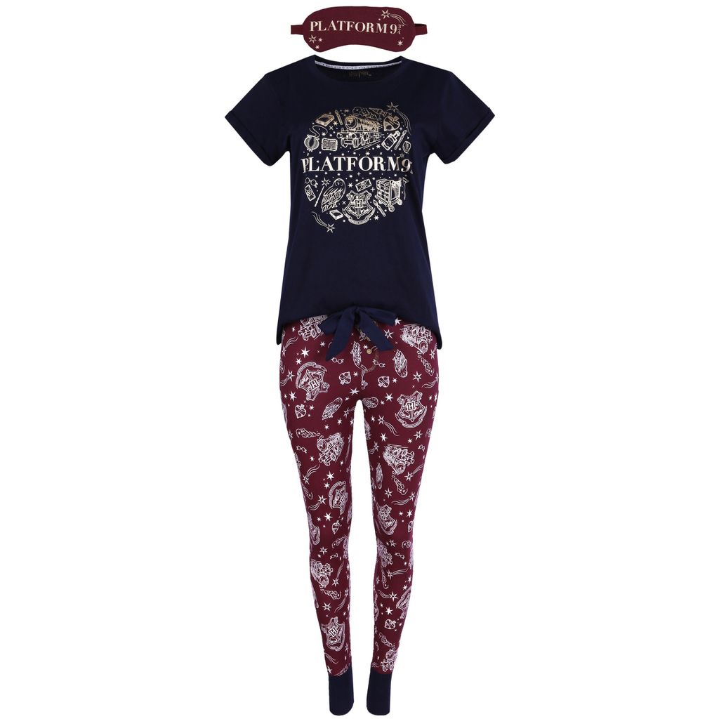 Harry Potter Pyjama für Damen + Augenbinde, dunkelblau-burgunderrot XS