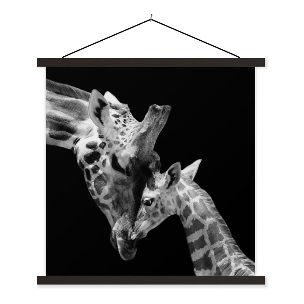 MuchoWow Textilposter Giraffe - Wildtiere - Porträt - Schwarz-Weiß 120x120 cm mit schwarzem Rahmen - Aufhängungsset