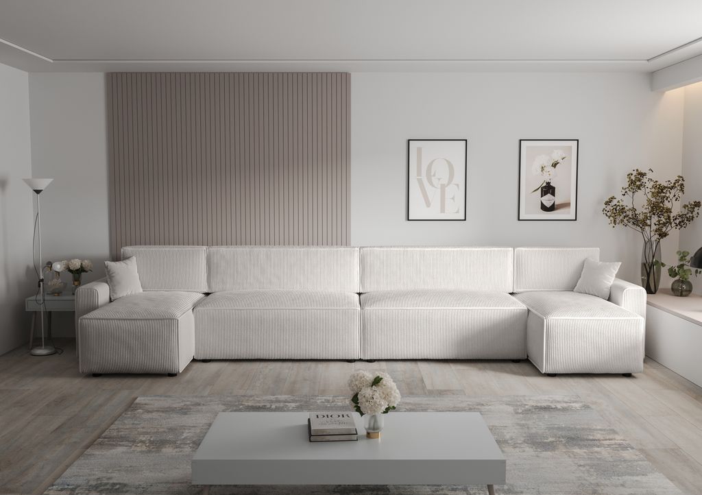 Ecksofa Alvito 2xU BIS, Farbe: Weiß. Material: Kord. A: B: 424 cm,H: 85 cm,Tiefe: 105 cm, Eckcouch, Schlafcouch, Sofa bed, Schlafsofa