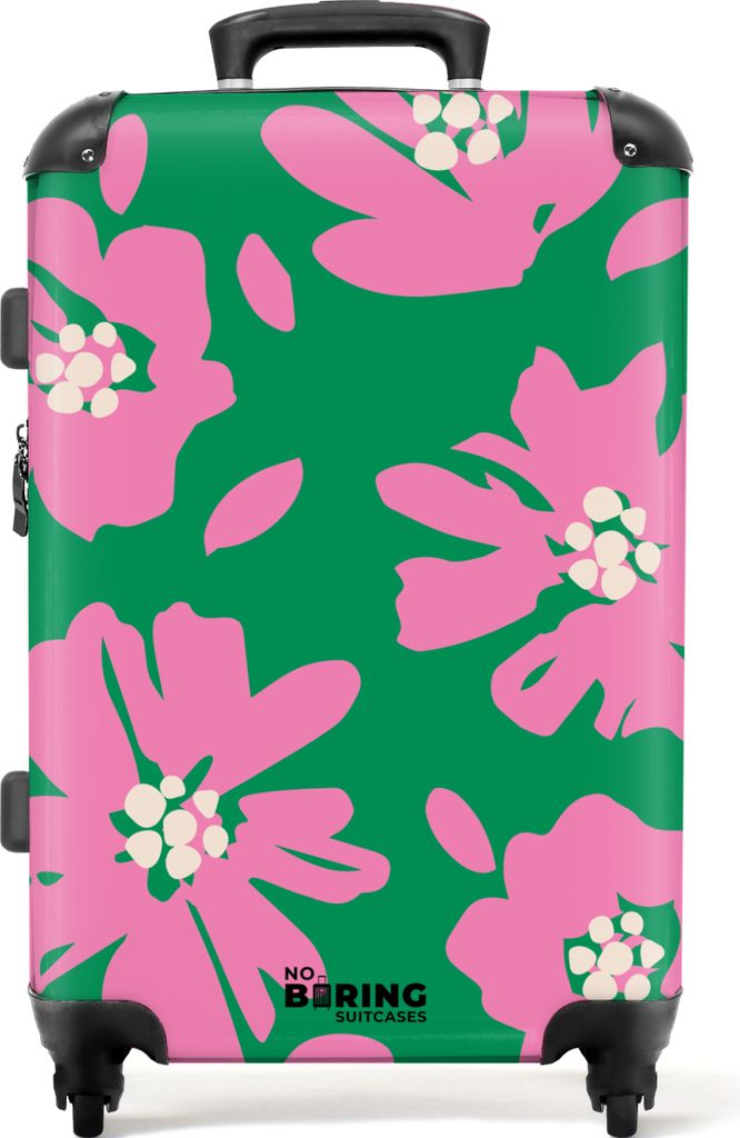NoBoringSuitcases.com Großer Koffer - Grün mit rosa Blüten - Kombinationsschloss TSA - Hartschalen Trolley 4 Rollen - 72 liter - Reisekoffer -...