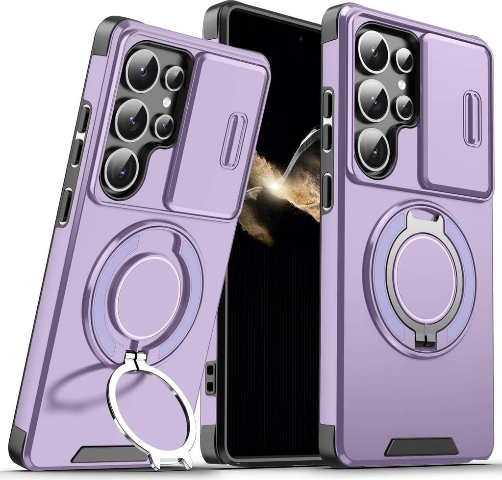 Two purple phone cases are shown, one in the foreground and one slightly behind and to the right. A smartphone is visible between the two cases.