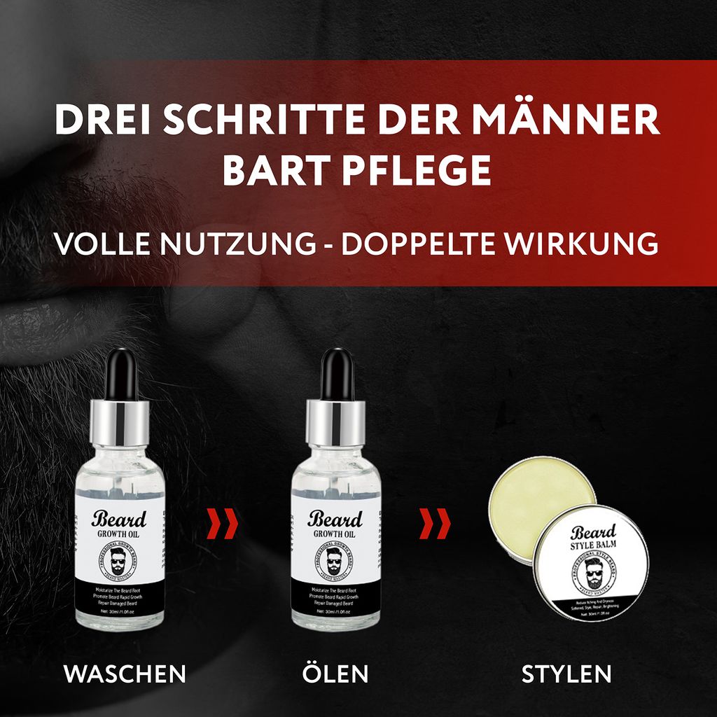 Bartpflege Set mit Shampoo Bartöl Pflegebalsam Wachs Produktbild 