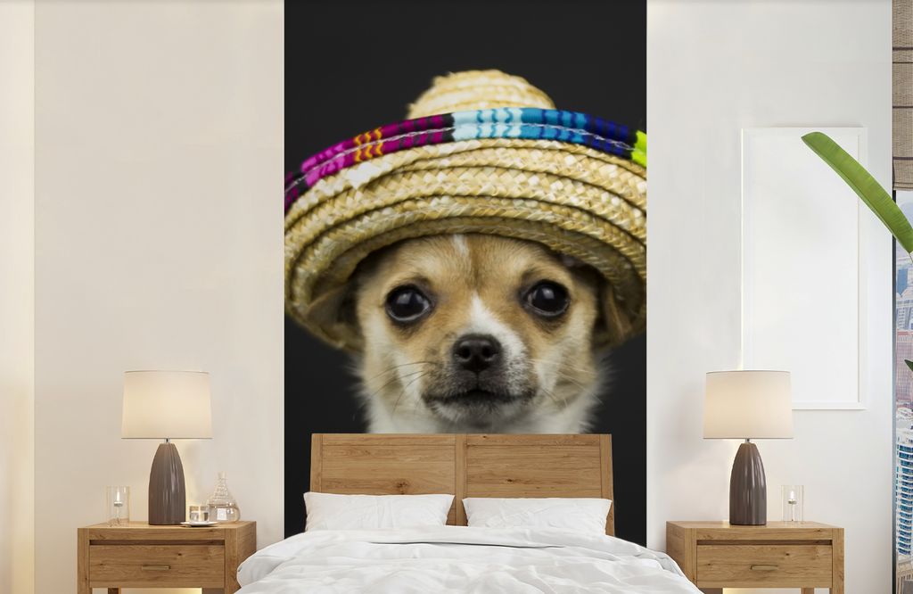 MuchoWow Fototapete für Wohnzimmer oder Schlafzimmer Wandtapete Vinyl Motivtapete Hund - Sombrero - Schwarz - 120x240 cm - Hintergrundbild