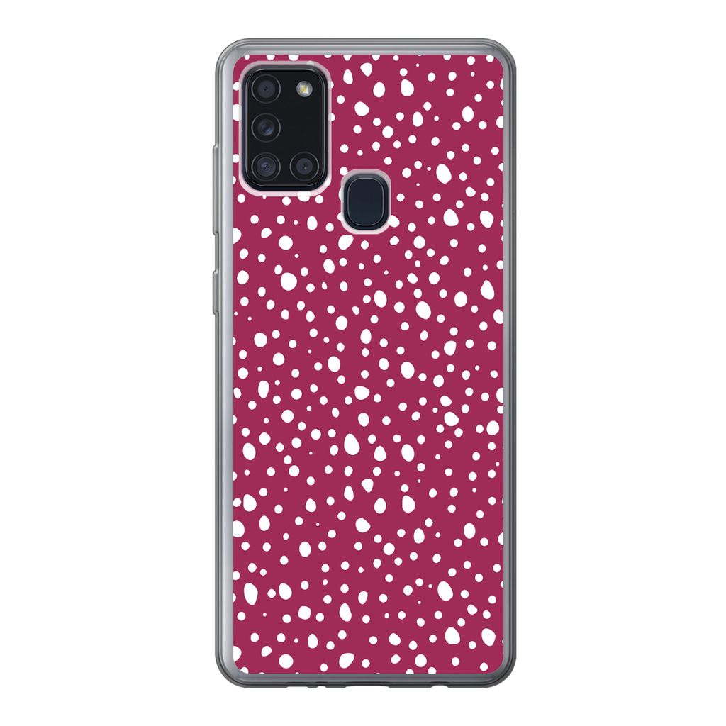 MuchoWow Handyhülle Schutzhülle Hülle für Samsung Galaxy A21s Tupfen - Rot - Weiß Silikon Softcase Handy Hülle - Hartschale
