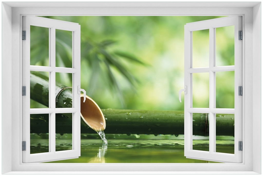 Wallario Premium Glasbild mit Fensterrahmen, freischwebende Optik, kräftige Farben, Größe 60 x 90 cm Motiv Bambusquelle Bambusrohr mit Wasser