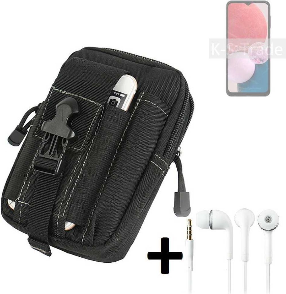 K-S-Trade Gürteltache + Kopfhörer kompatibel mit Samsung Galaxy A13 Gürtel Tasche Holster Schutz Hülle Handy Hülle schwarz inkl. Extrafächer