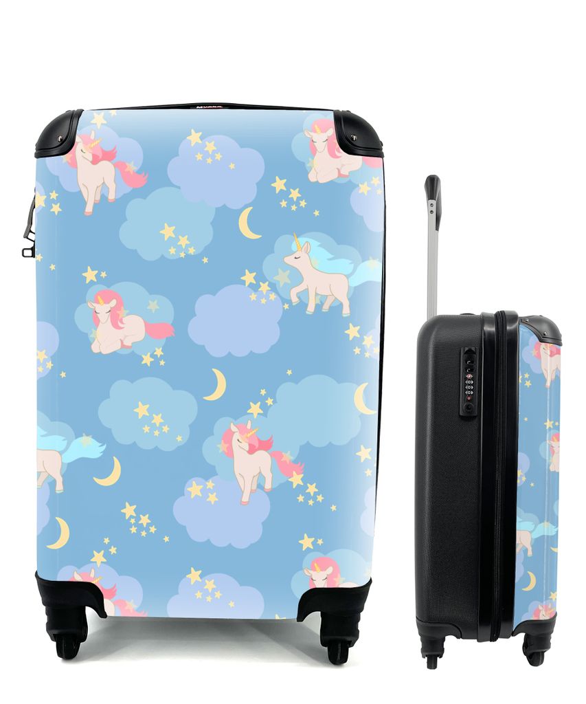 MuchoWow Koffer Handgepäck Trolley Rollkoffer Kleine Reisekoffer mit 4 Rollen - Einhorn - Muster - Sternenhimmel - Cabin Size < 55x40x23 cm & 55...