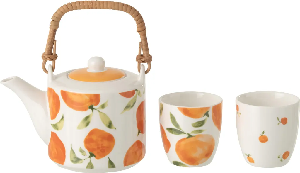 J-Line Théière et Tasses Orange en Céramique Blanc et Orange - Set Duo