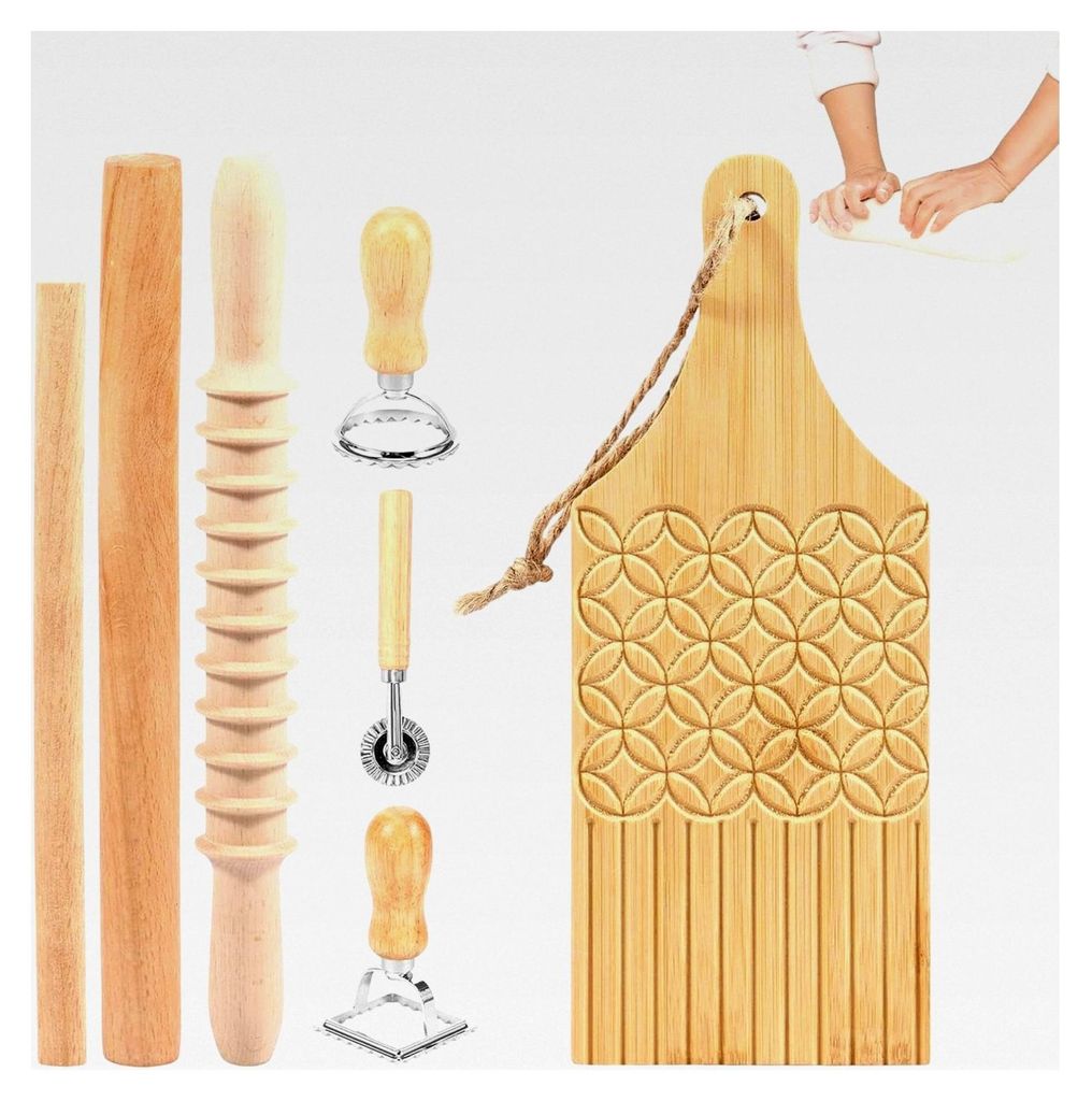 Nudelschneider | 7-teiliges lebensmittelechtes Handwerkzeug aus Holz zur Nudelherstellung, geeignet für Teigtaschen, Gebäck und Teig in Küche, H...