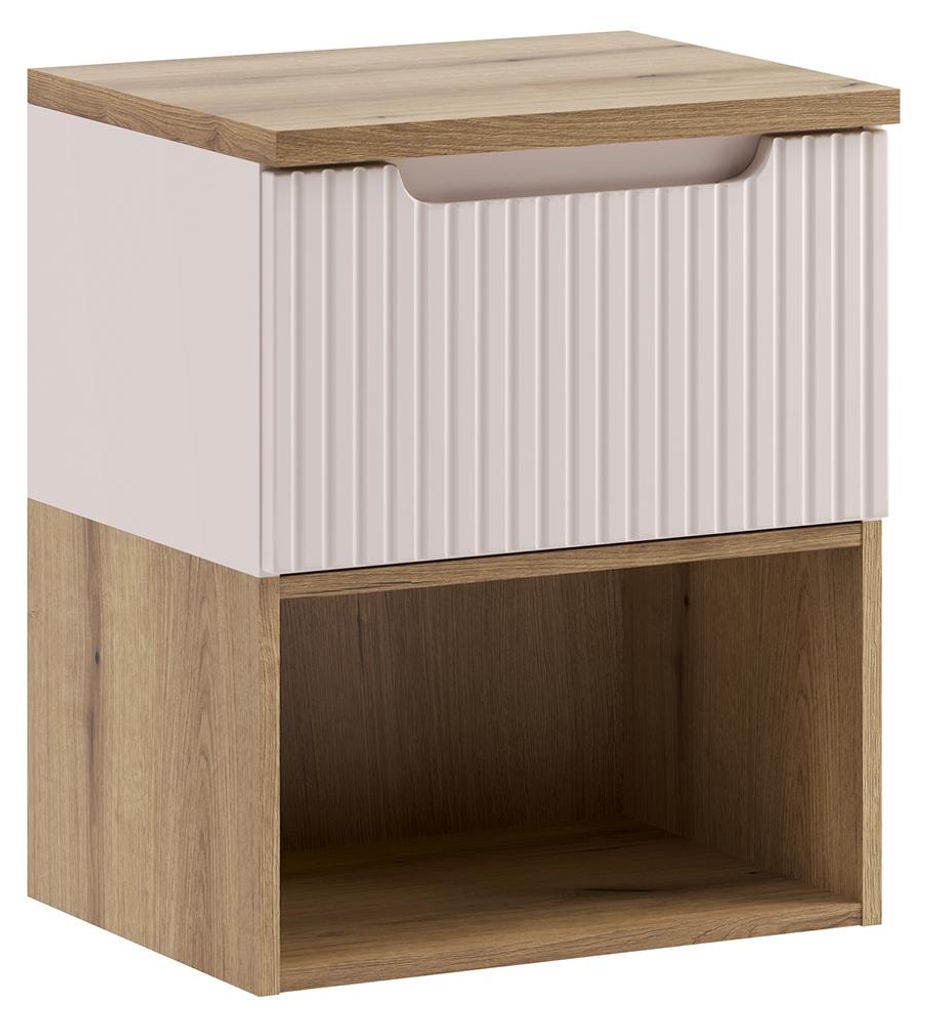 Badezimmer Waschtischunterschrank mit 50 cm Breite in kaschmir & Eiche, gerillte Front, geringe Tiefe - NEWPORT-56-CASHMERE