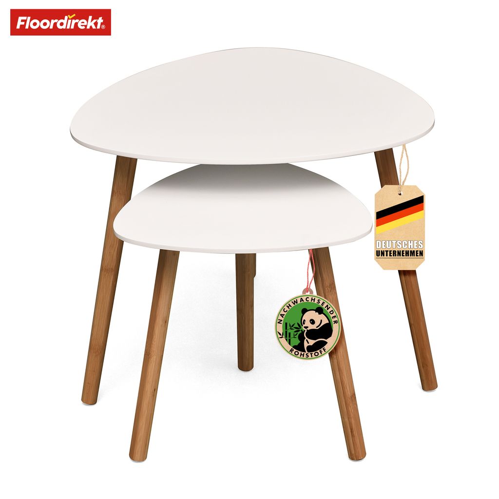Floordirekt Couchtisch 2er Set Oregon, Beistelltisch weiß, Bambus & MDF Wohnzimmertisch modern, platzsparender, kleiner weißer Tisch Wohnzimmer