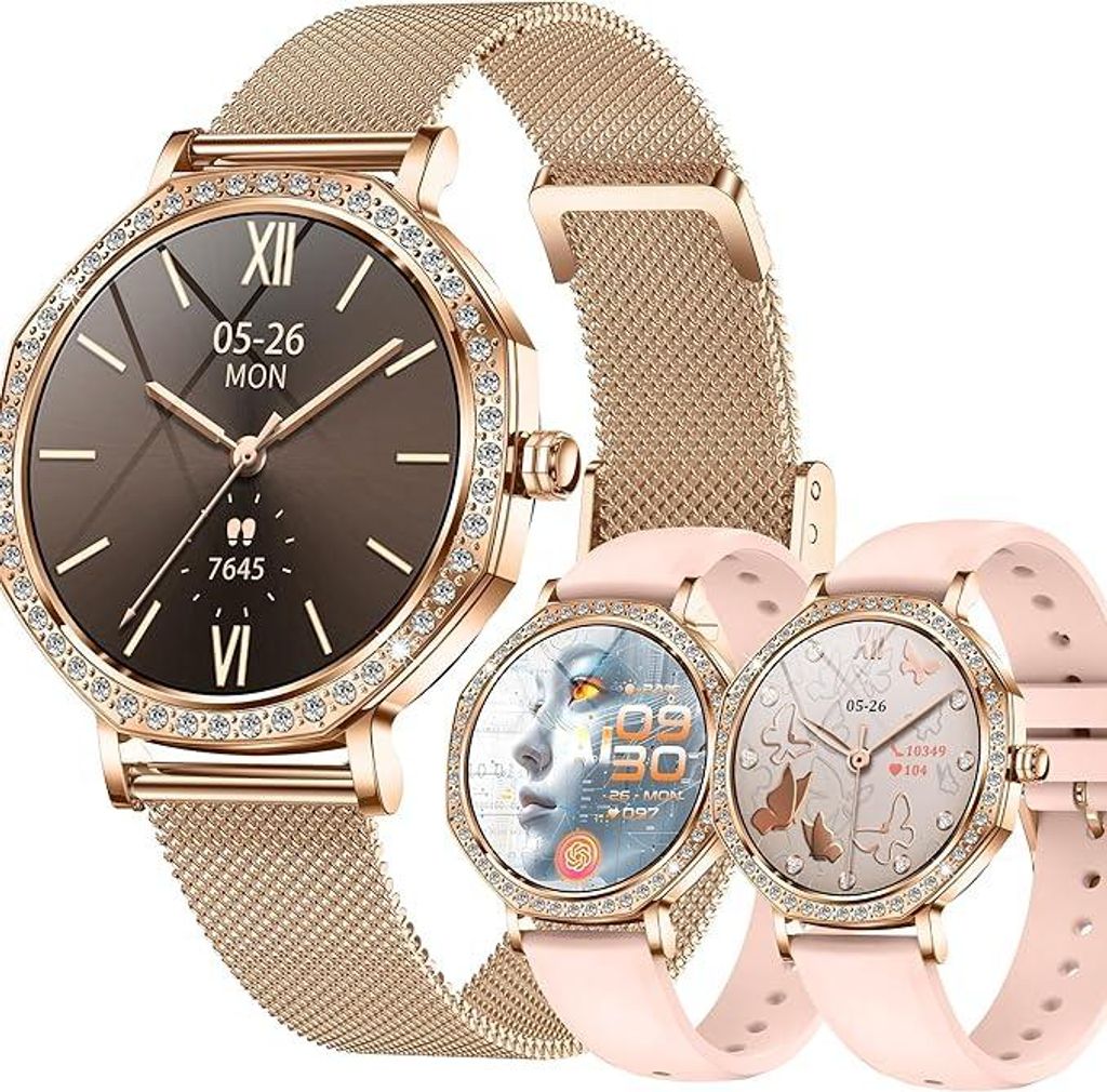 Smartwatch Damen mit Telefonfunktion, 5ATM Wasserdicht für iOS Android, Sportuhr mit Bluetooth Anrufe Fitnessuhr mit Schlafmonitor, 3 Armbänder