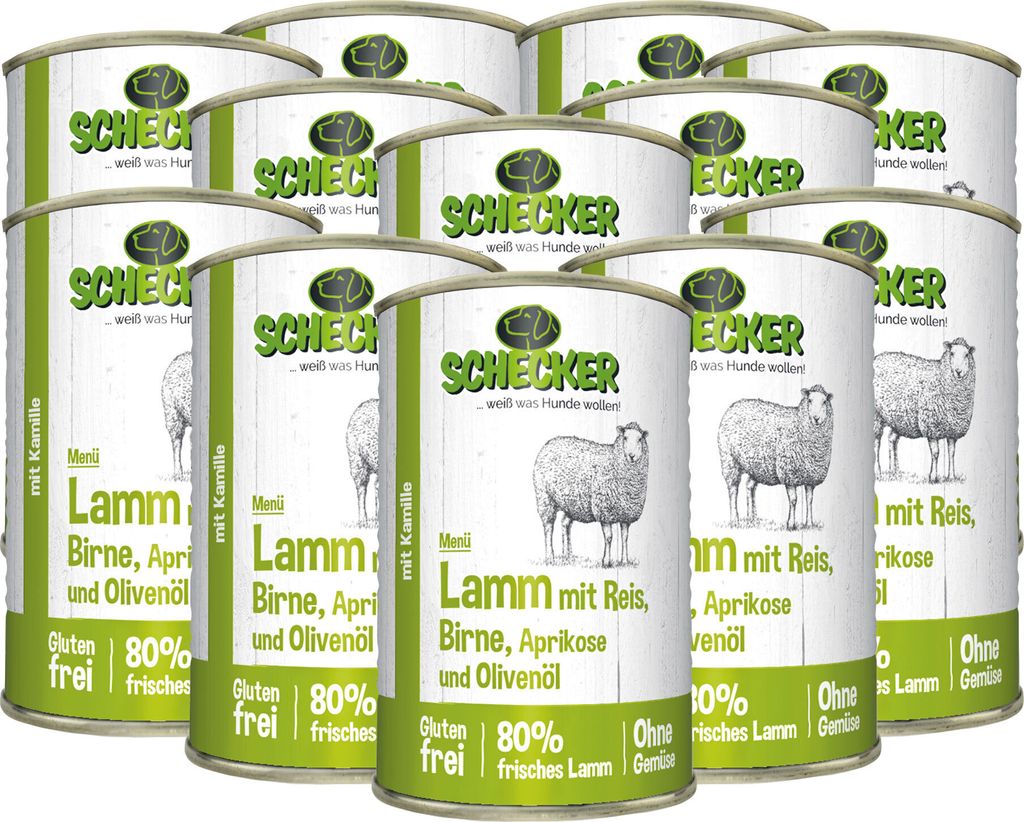 12 x 410 g - Schecker Hundemenü Nassfutter - Lamm mit Reis, Birne, Aprikose und Olivenöl