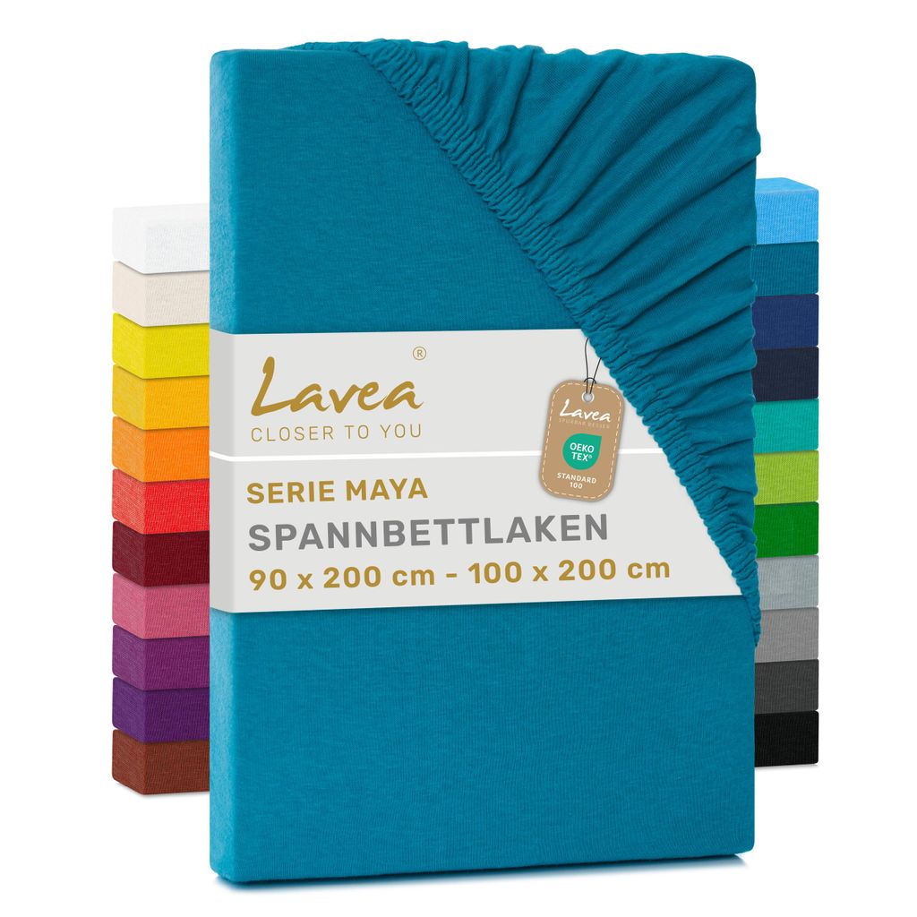 Lavea Spannbettlaken 90x200cm - 100x200cm Maya Jersey, Bettlaken 100% Baumwolle, Matratzen bis 20 cm, Spannbetttücher, Aquamarin